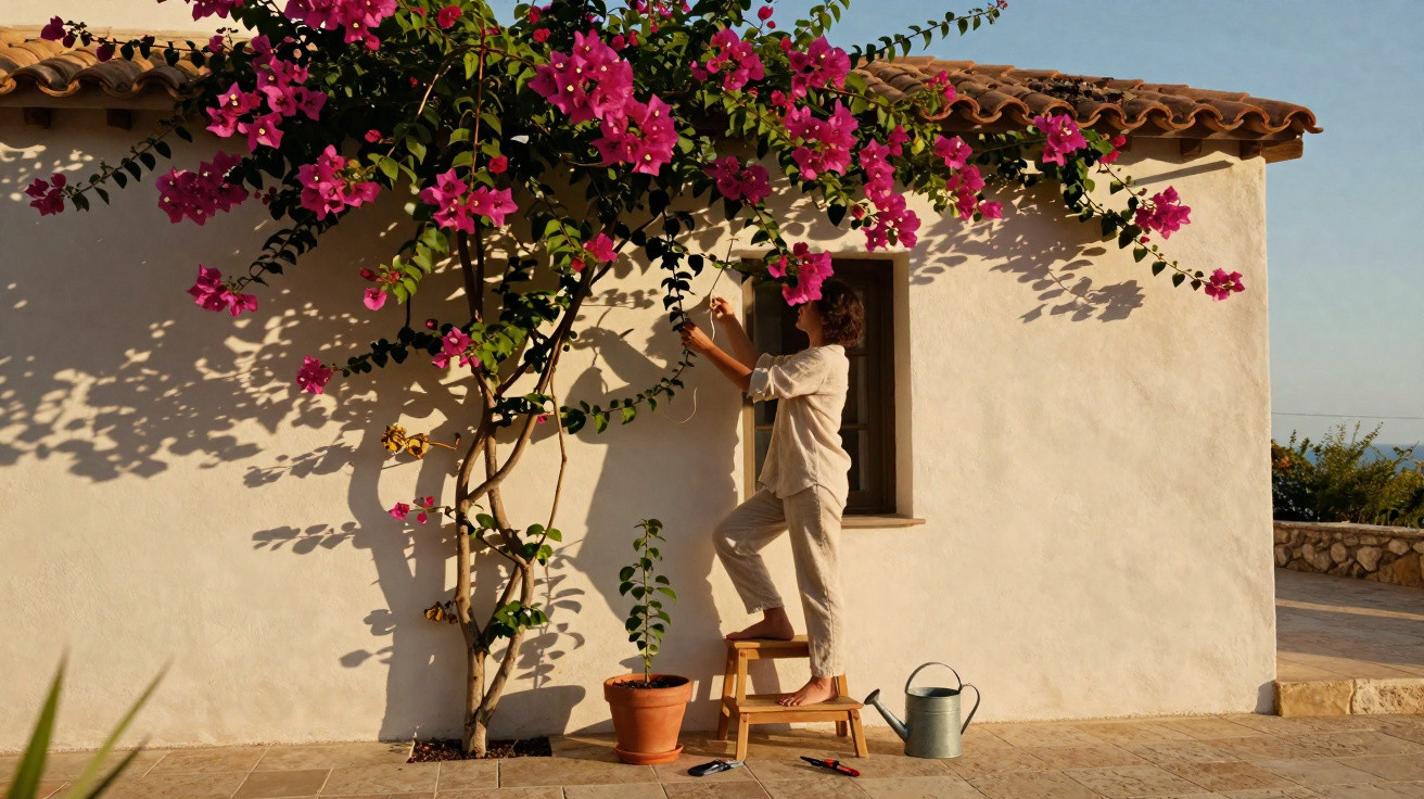 Person standing on a step stool picking pink flowers from a climbing plant against a white wall under warm sunlight