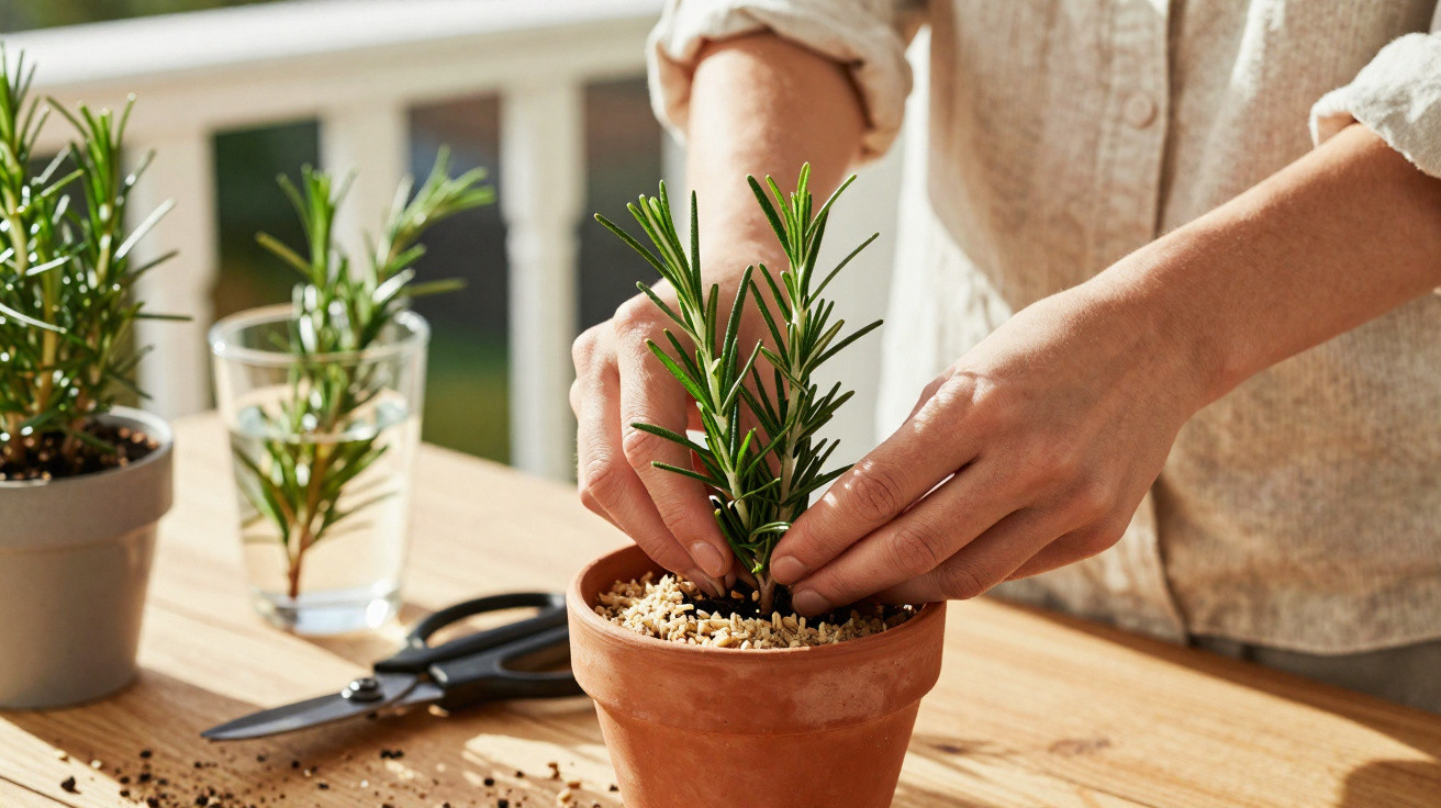 Hands planting a rosemary sprig in a terracotta pot on a wooden table with gardening scissors nearby.