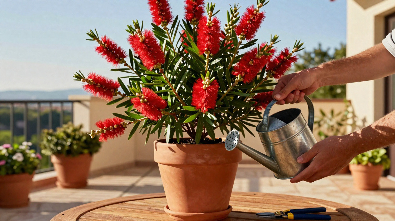 Person watering a red bottlebrush plant in a terracotta pot on a wooden table outdoors.
