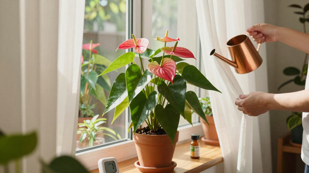 Person watering a potted anthurium plant with pink flowers on a sunny windowsill indoors.