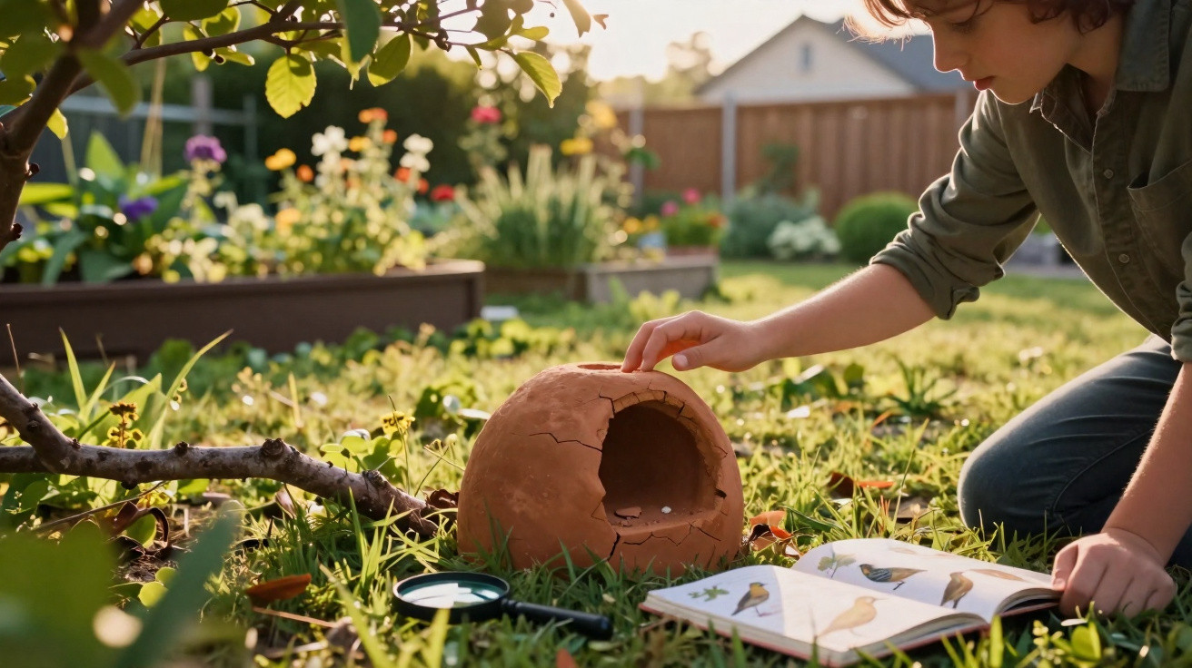 Child exploring a cracked clay pot in a garden with a bird guidebook and magnifying glass nearby.