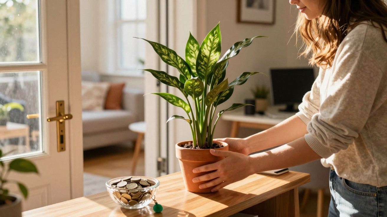Woman placing a potted green plant on a wooden table next to a bowl of coins in a sunlit room.
