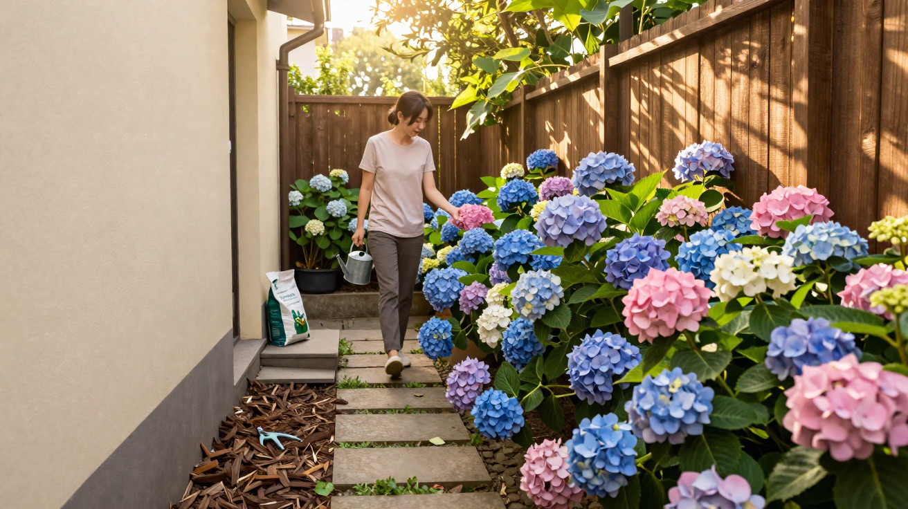 Woman watering colourful hydrangea flowers along a garden path by a wooden fence in sunlight.