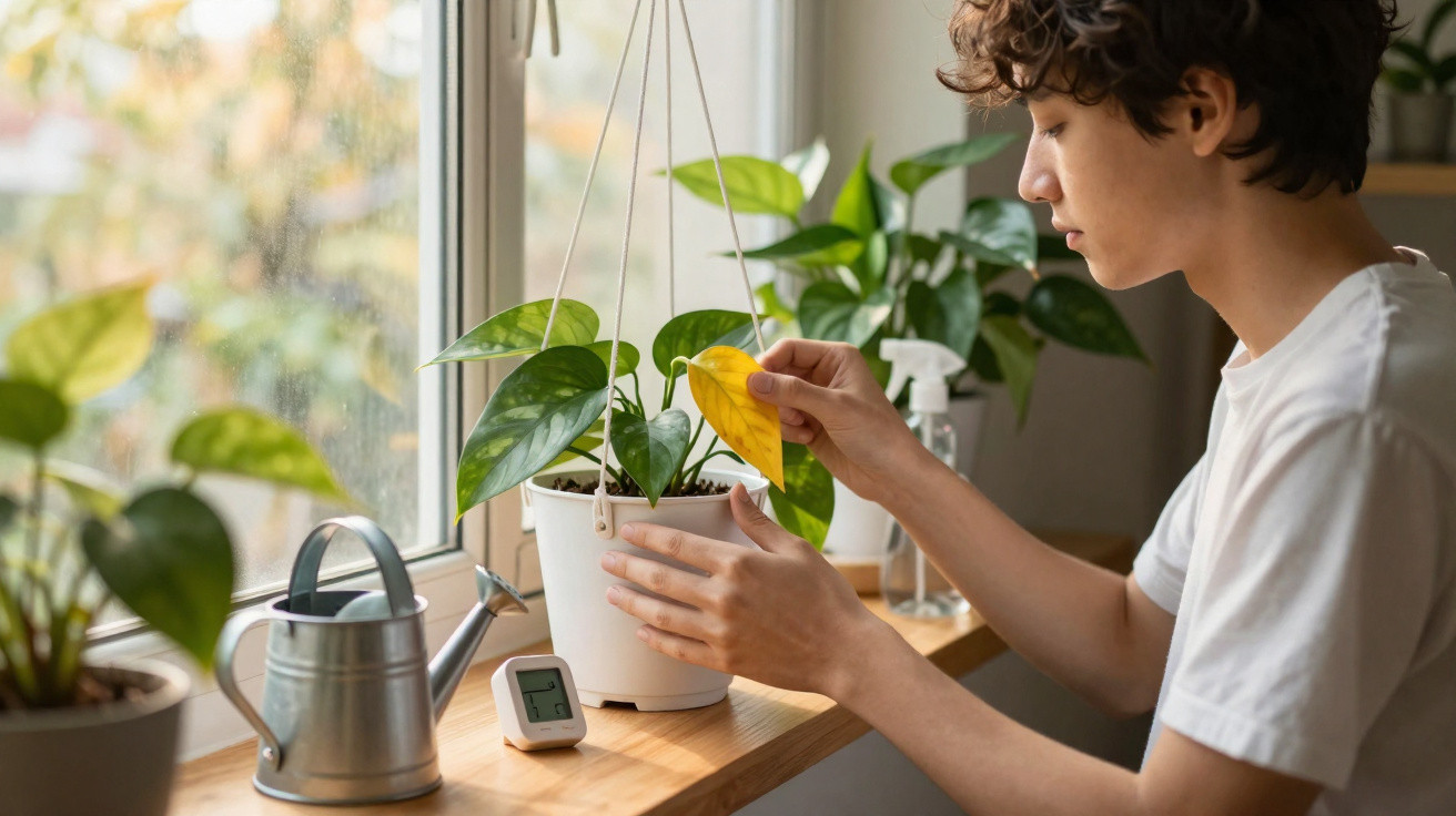 Person inspecting a yellow leaf on a hanging plant by a window with other houseplants nearby.