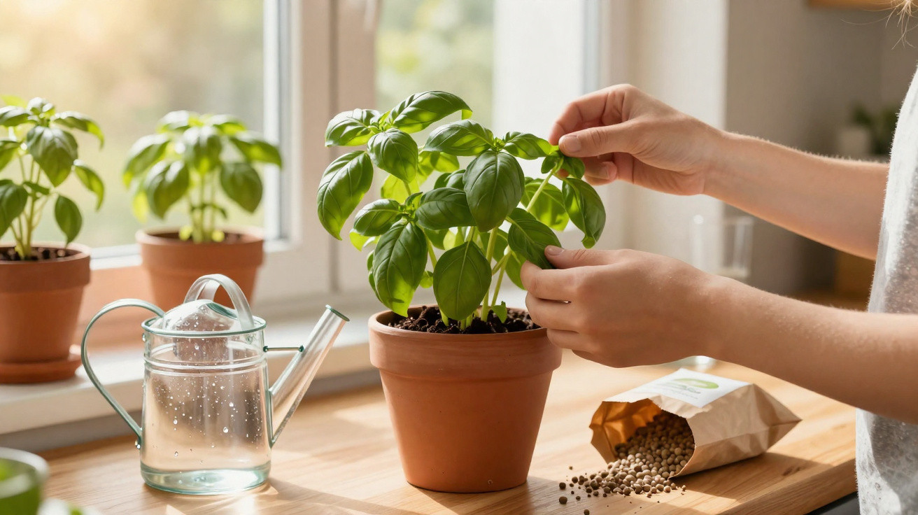 Hands tending to a basil plant in a terracotta pot on a wooden windowsill with watering can and seeds nearby.