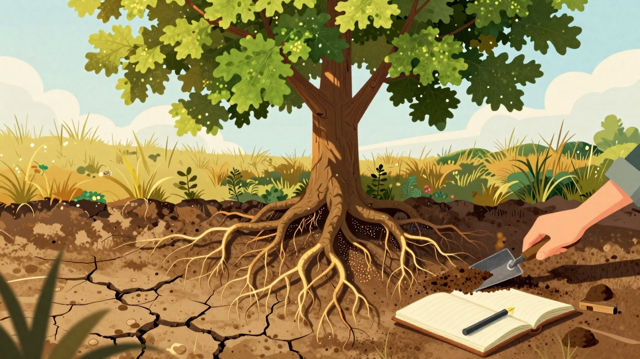 Illustration of a tree with visible roots in soil, a hand using a trowel, and an open notebook with a pen nearby.