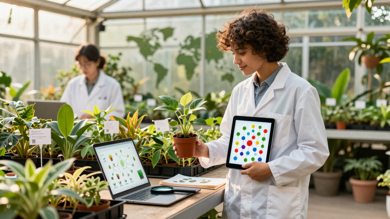 Scientist in a lab coat examining a plant and holding a tablet with data in a greenhouse lab.