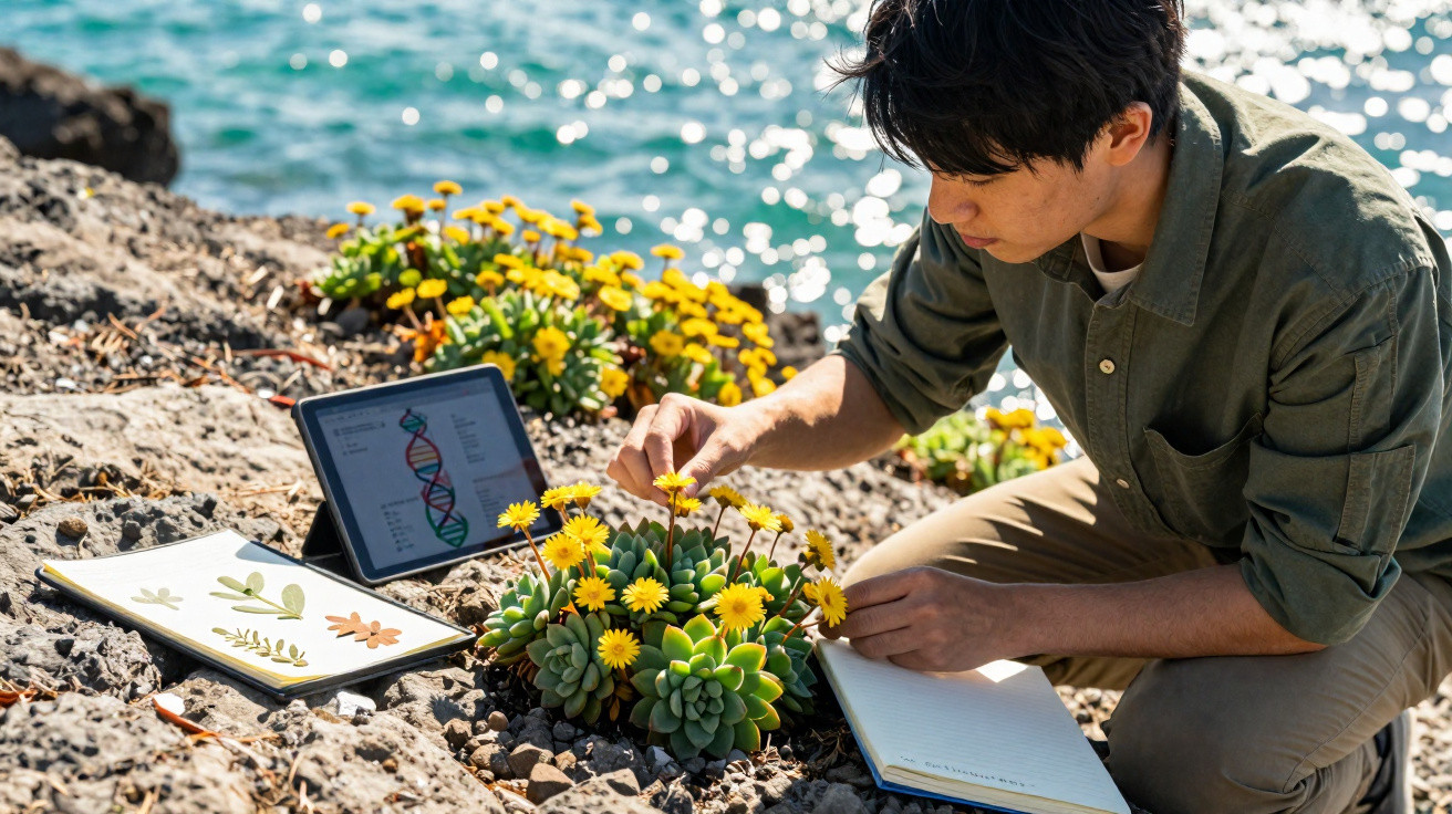 Person studying yellow flowering succulent plants on rocky shore with tablet and notebook nearby.