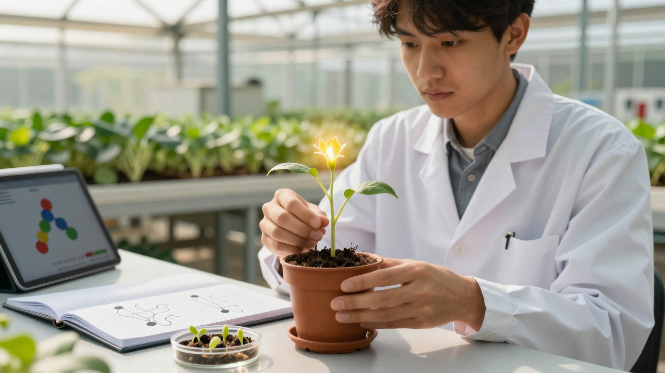 Scientist in a lab coat examining a glowing young plant in a pot inside a greenhouse with plants and books nearby