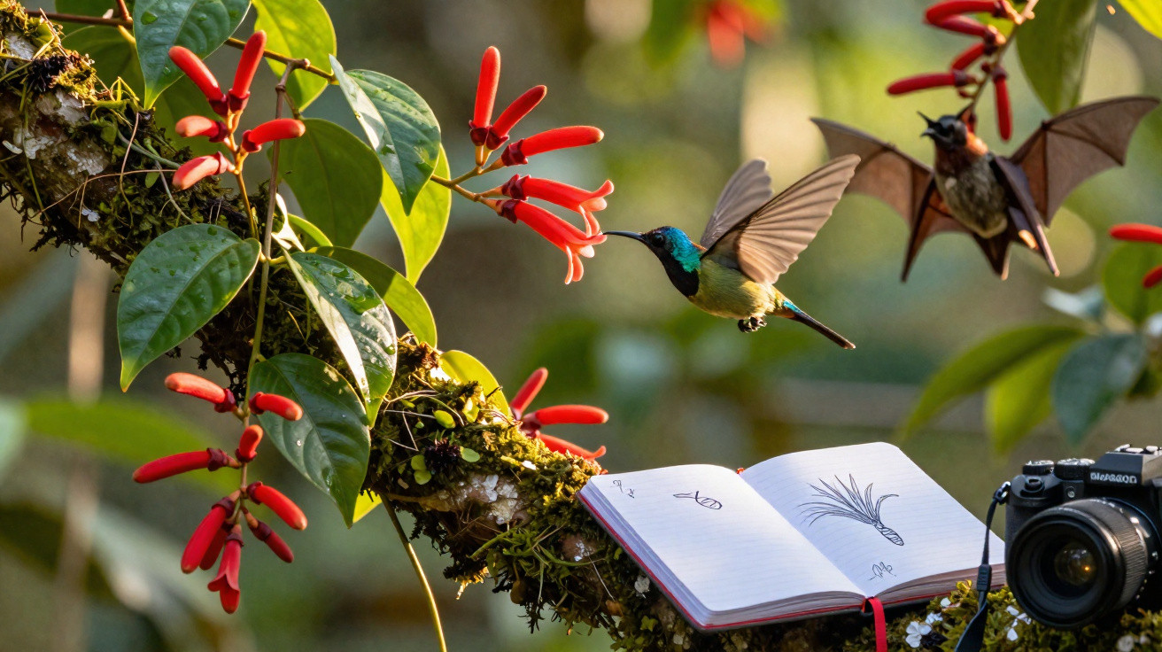 Hummingbird feeding on red flowers beside an open sketchbook and a camera on a mossy branch, with a bat nearby.
