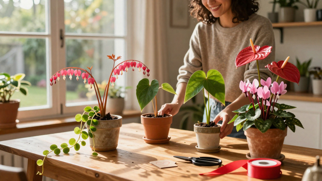 Woman tending to various potted flowering and leafy houseplants on a wooden table in natural light.