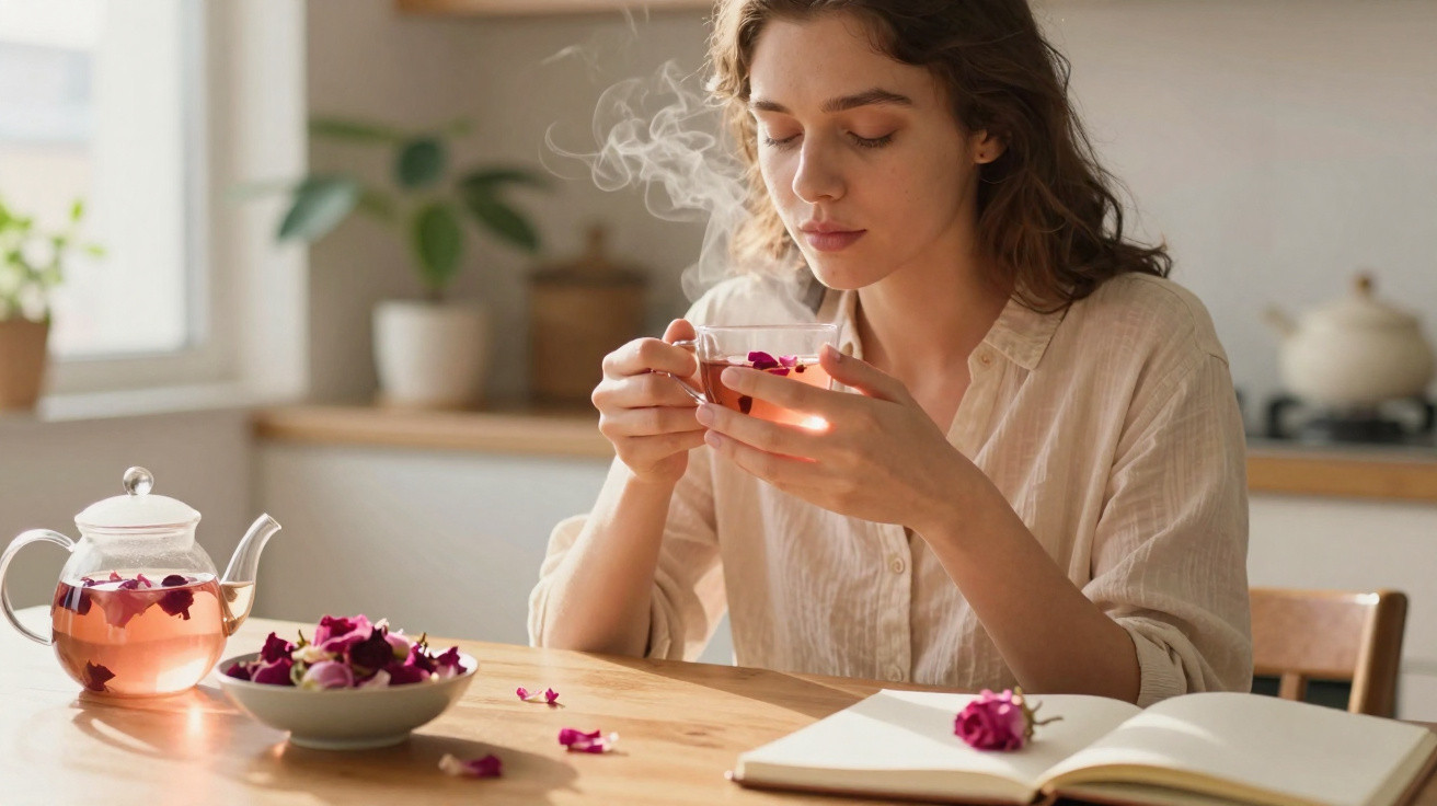 Young woman enjoying steaming herbal tea with rose petals at wooden kitchen table with an open book and teapot.