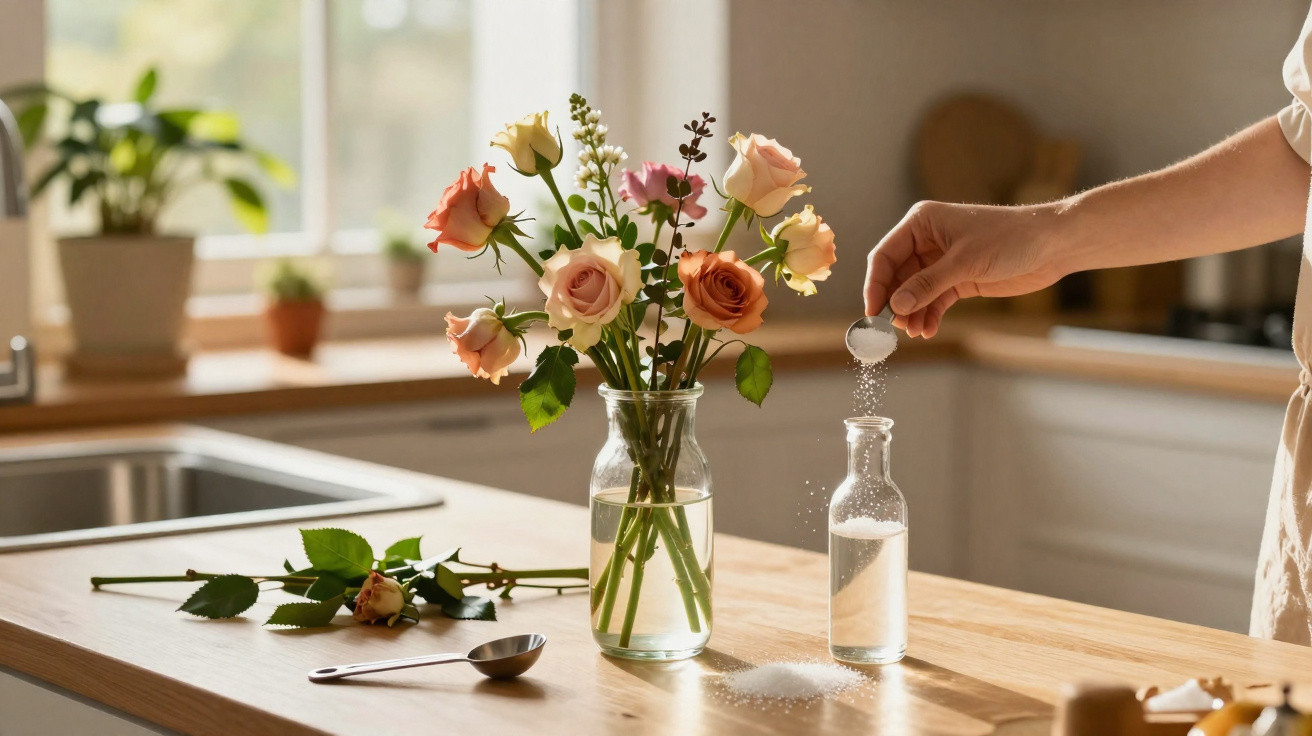 Hand pouring white powder into glass bottle next to vase of roses on kitchen counter.