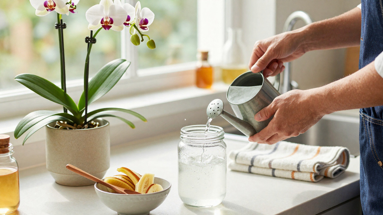 Person pouring water from a metal watering can into a mason jar on a kitchen countertop beside an orchid and a bowl of fruit.