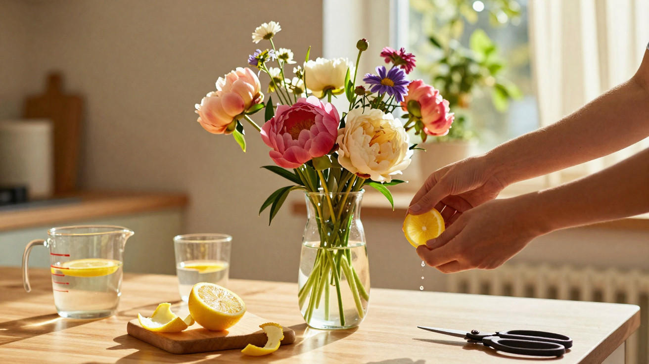 Hands squeezing lemon over wooden table with flowers in vase, glass jug and scissors in bright kitchen.