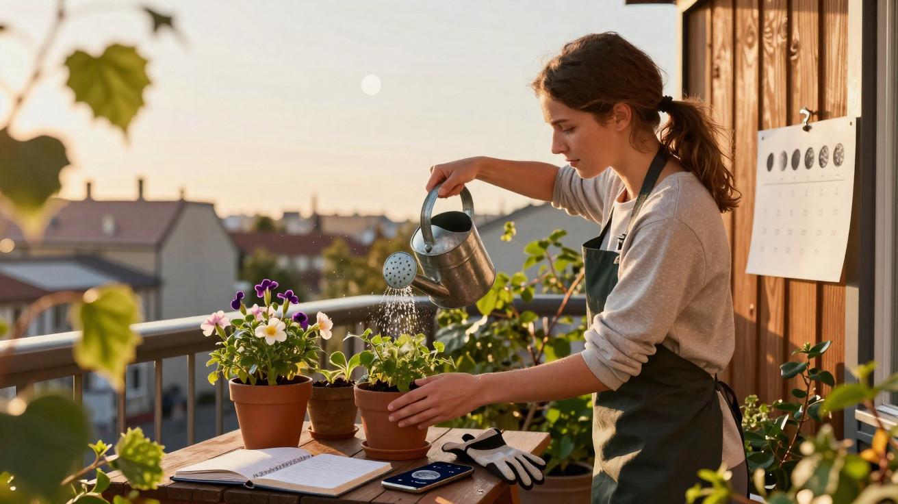 Young woman watering plants on a balcony at sunset with gardening tools and notes nearby