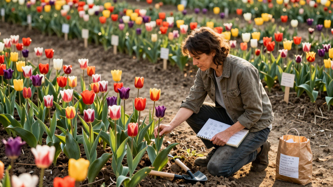 Woman inspecting colourful tulips in a garden while holding a notebook and gardening tools nearby.
