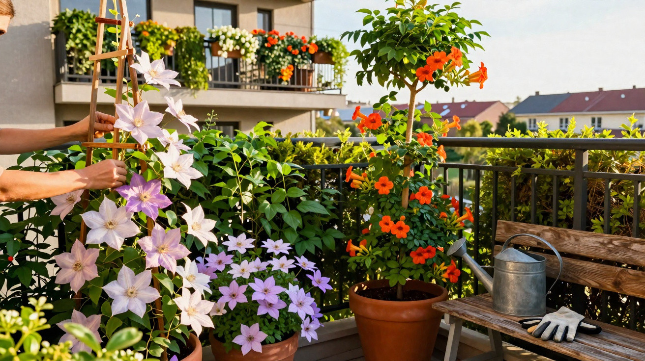Person tending to pale purple flowers on a trellis on a balcony with potted plants and a watering can.