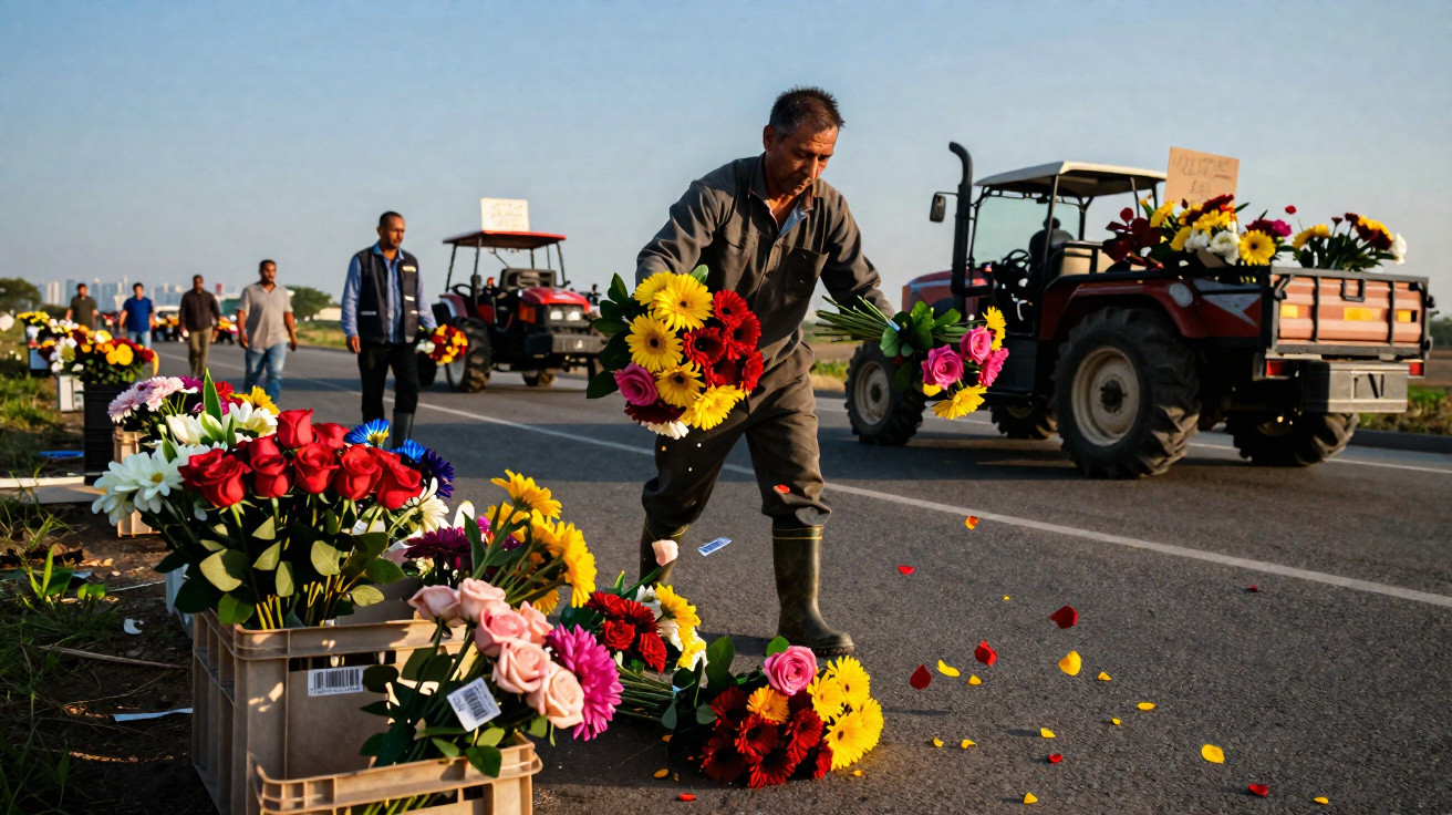 Man scattering flower petals from bouquets on roadside with people and tractors carrying flowers in background