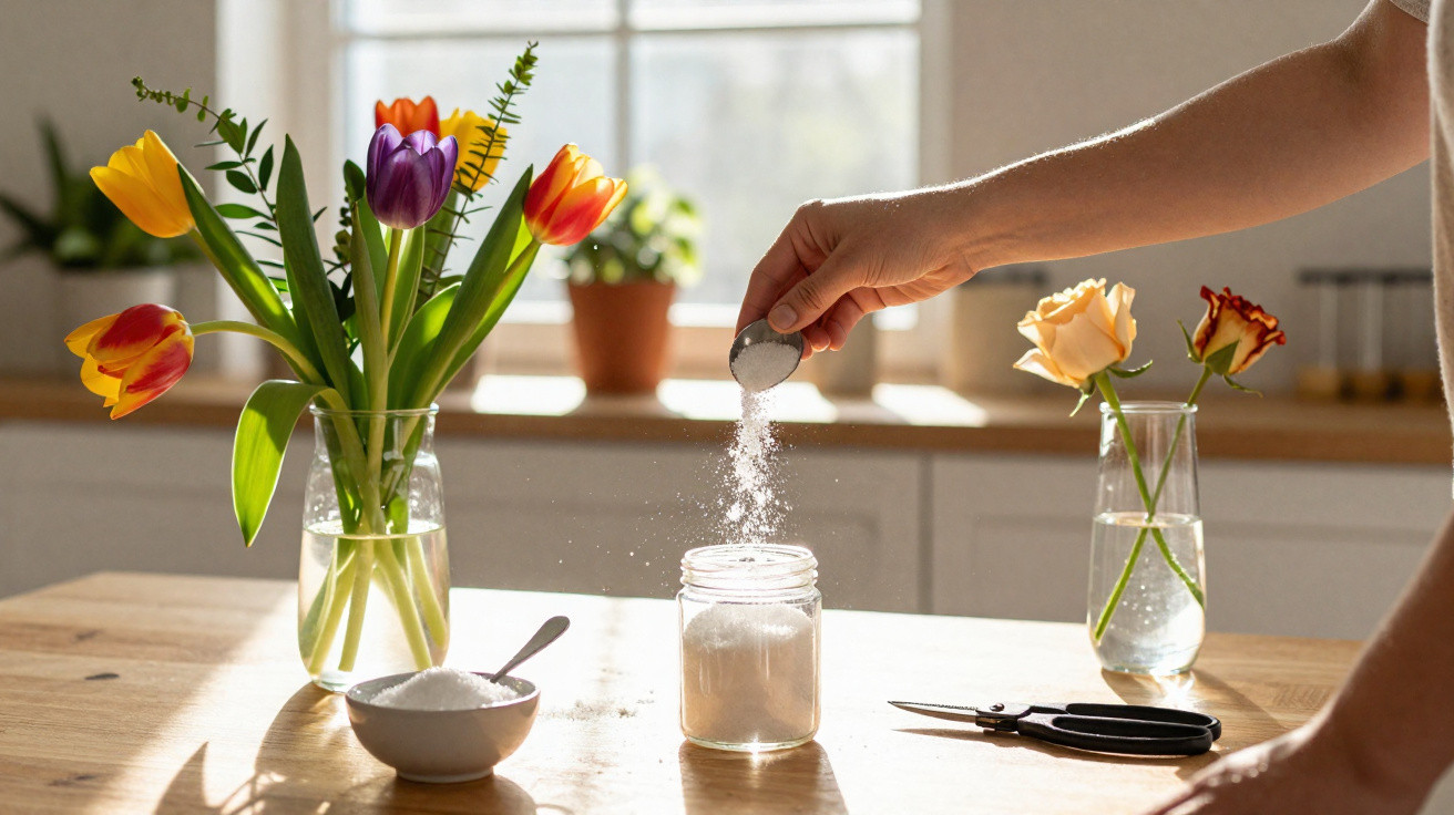 Hand sprinkling white powder into a jar on a table with cut flowers in glass vases and garden scissors nearby.