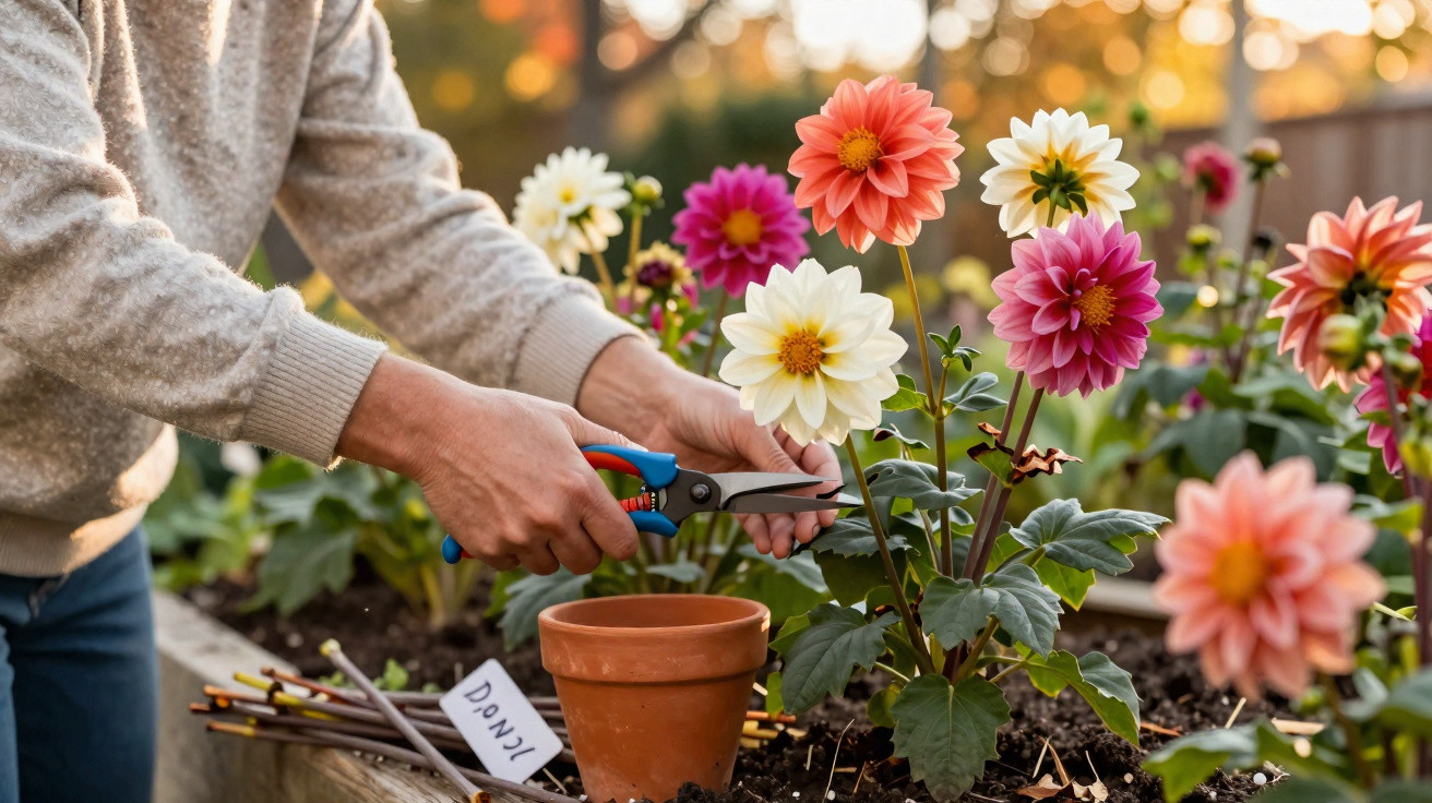 Person trimming colourful dahlias with pruning shears in a garden bed during golden hour sunlight.