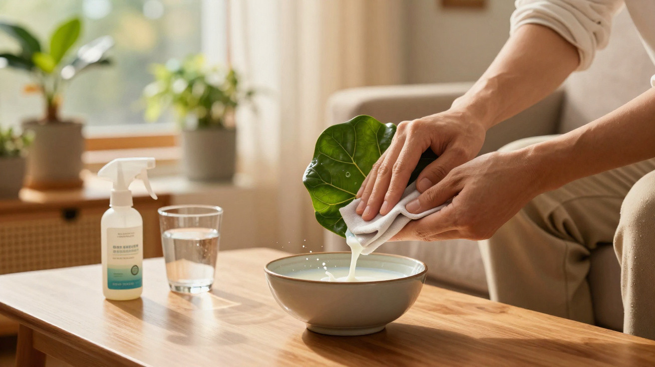 Person cleaning a large green leaf over a bowl with water on a wooden table near a glass and spray bottle.