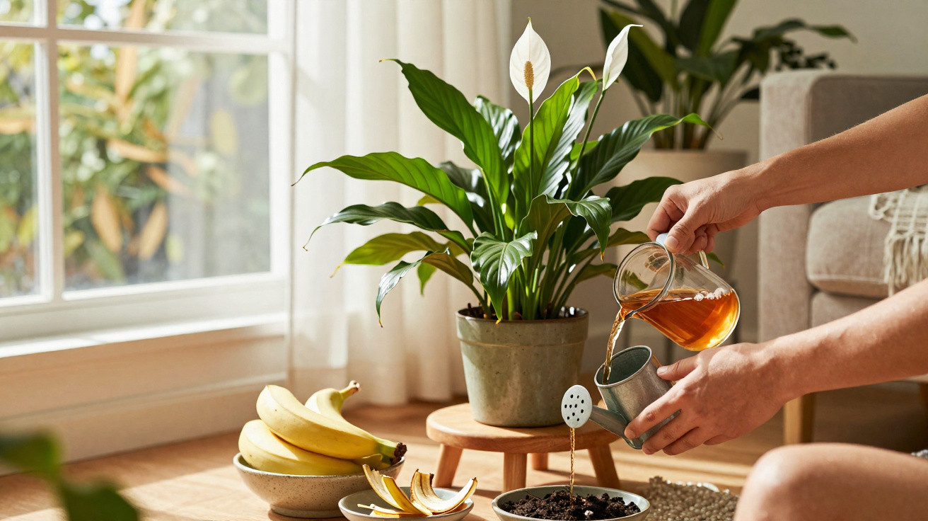 Person watering a peace lily plant indoors near a window with sunlight and bananas on a table.