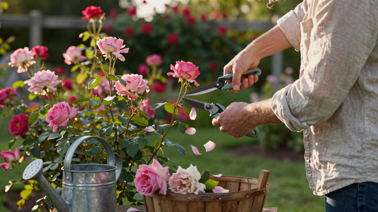 Person pruning pink roses in a garden with a watering can and basket nearby on a sunny day.