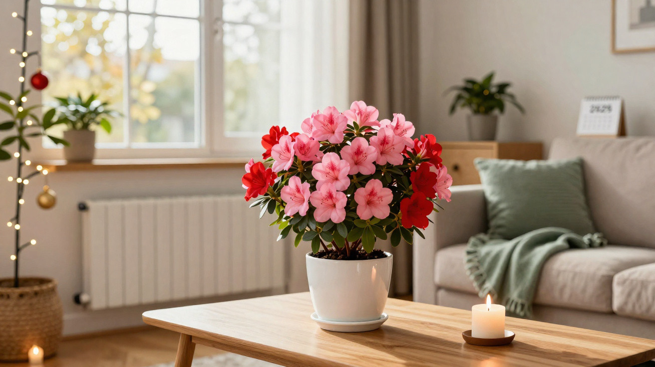 Pink and red azalea flowers in a white pot on a wooden table in a cosy living room with sofa and candles.