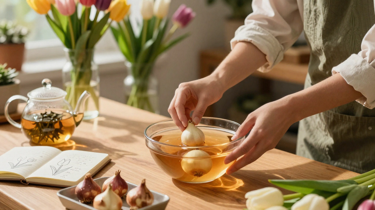 Person soaking flower bulbs in a glass bowl on a wooden table with tulips and teapot nearby