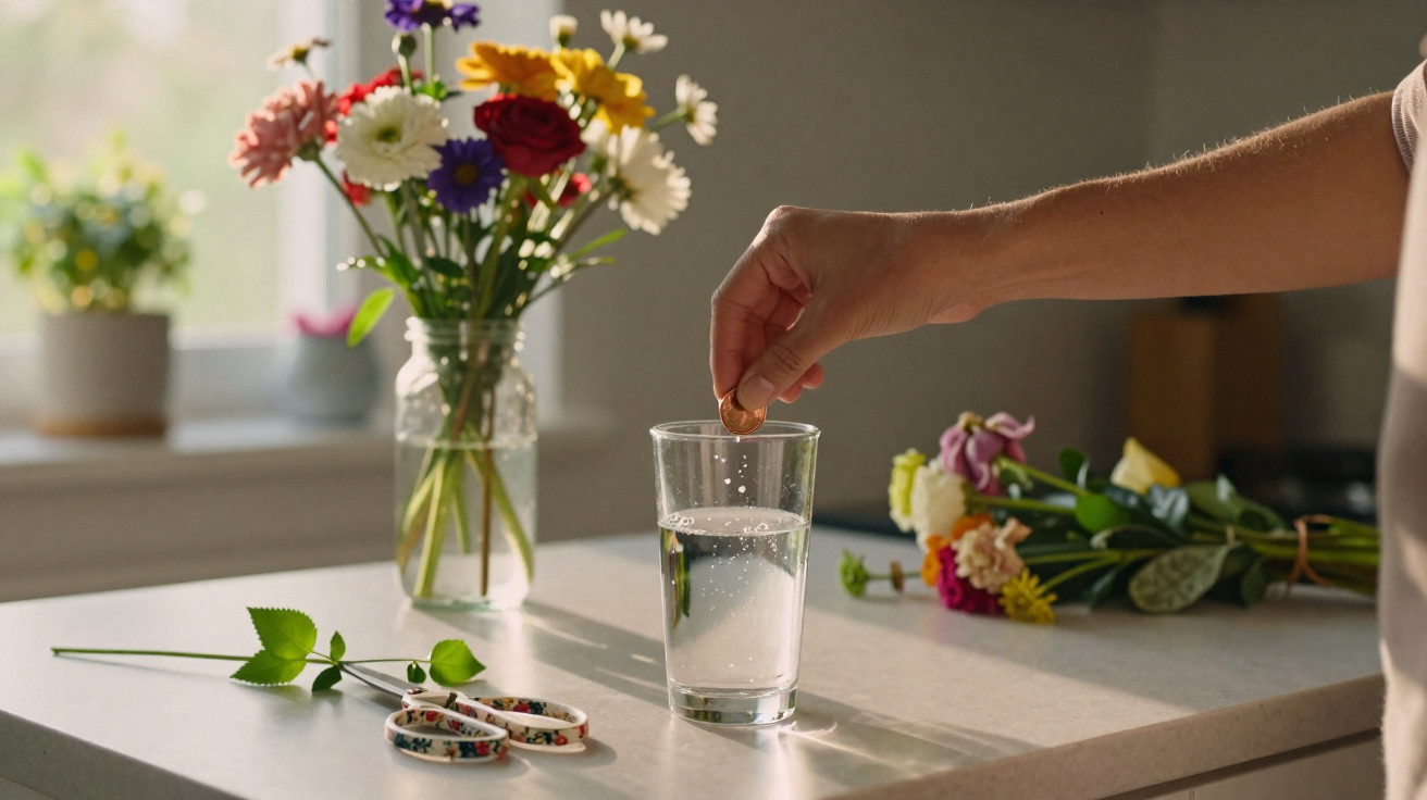 Hand dropping effervescent tablet into glass of water on kitchen countertop with flowers and scissors nearby.