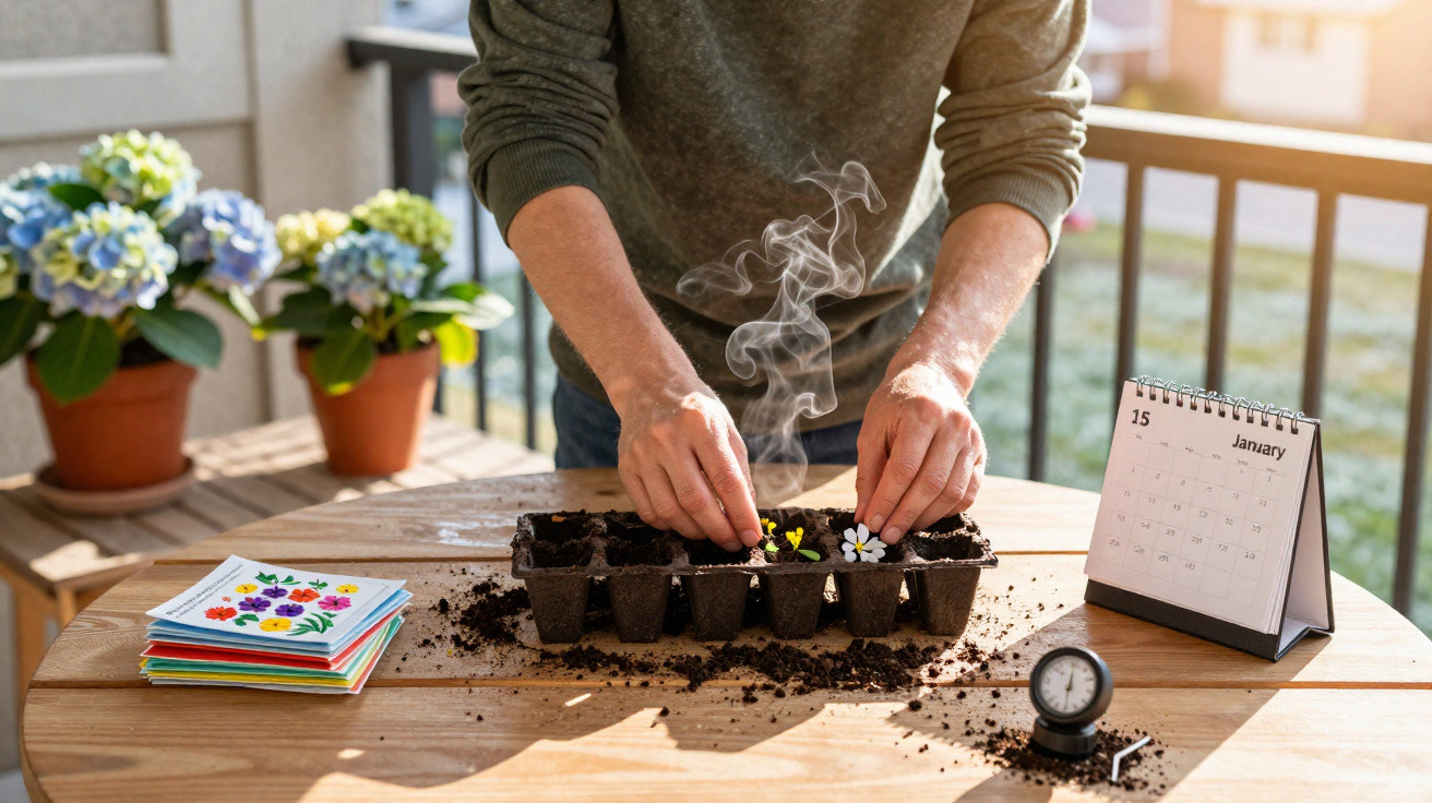 Person planting seedlings in seed trays on a wooden table with calendar and seed packets nearby on a balcony.