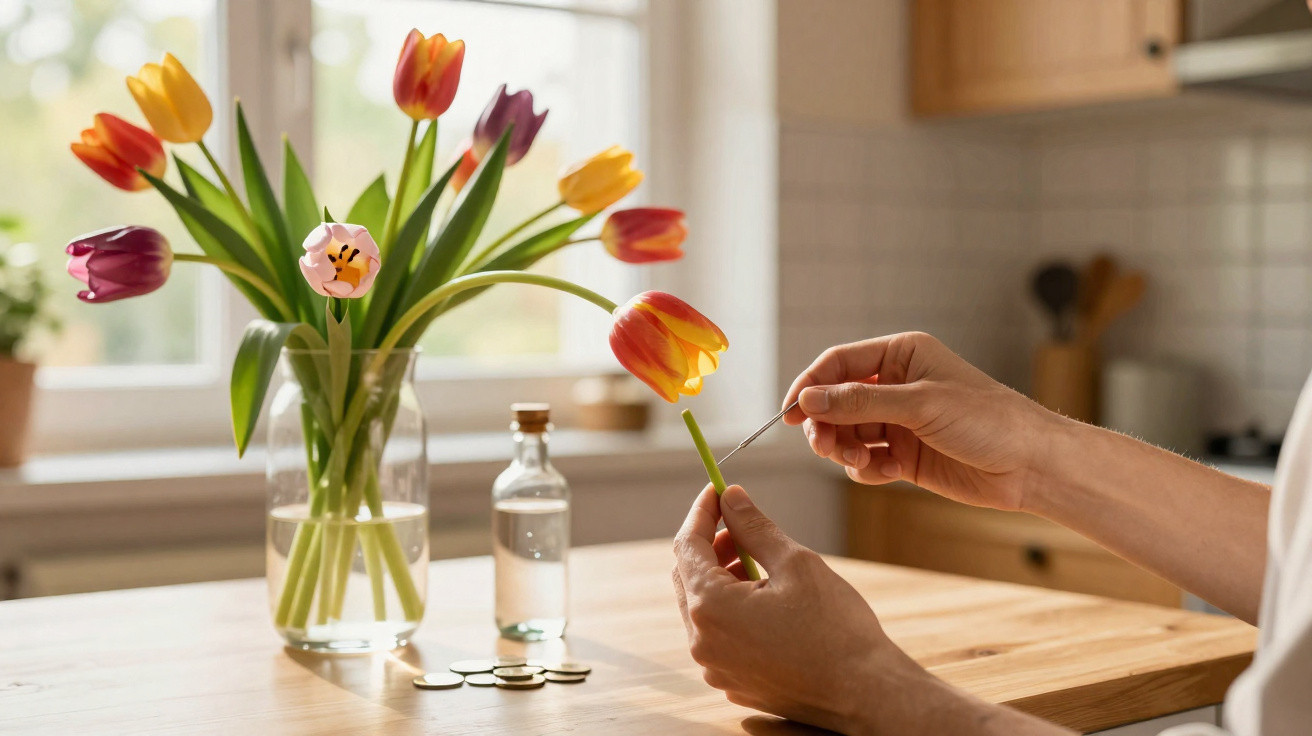 Person removing pollen from an orange tulip stem at a wooden kitchen table with a vase of tulips.