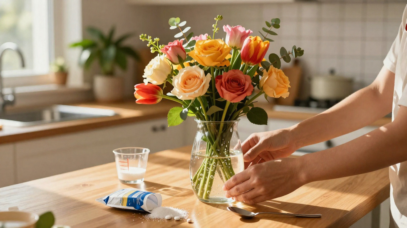 Hands arranging a colourful bouquet of roses and tulips in a glass vase on a wooden kitchen table.