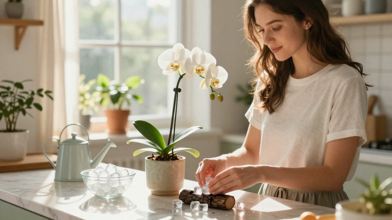 Young woman arranging ice cubes on wood log on kitchen counter with orchid plant and watering can nearby