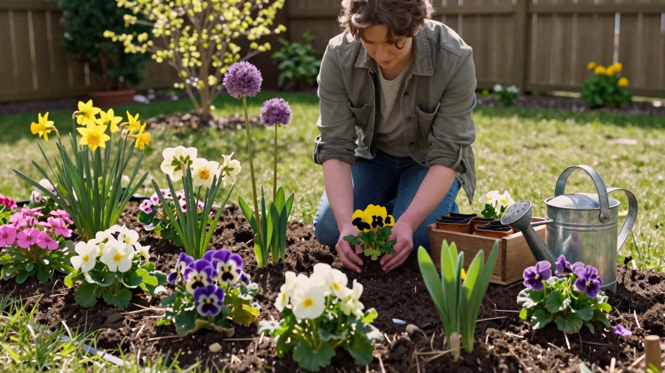 Person kneeling and planting flowers in a garden bed surrounded by daffodils and pansies on a sunny day