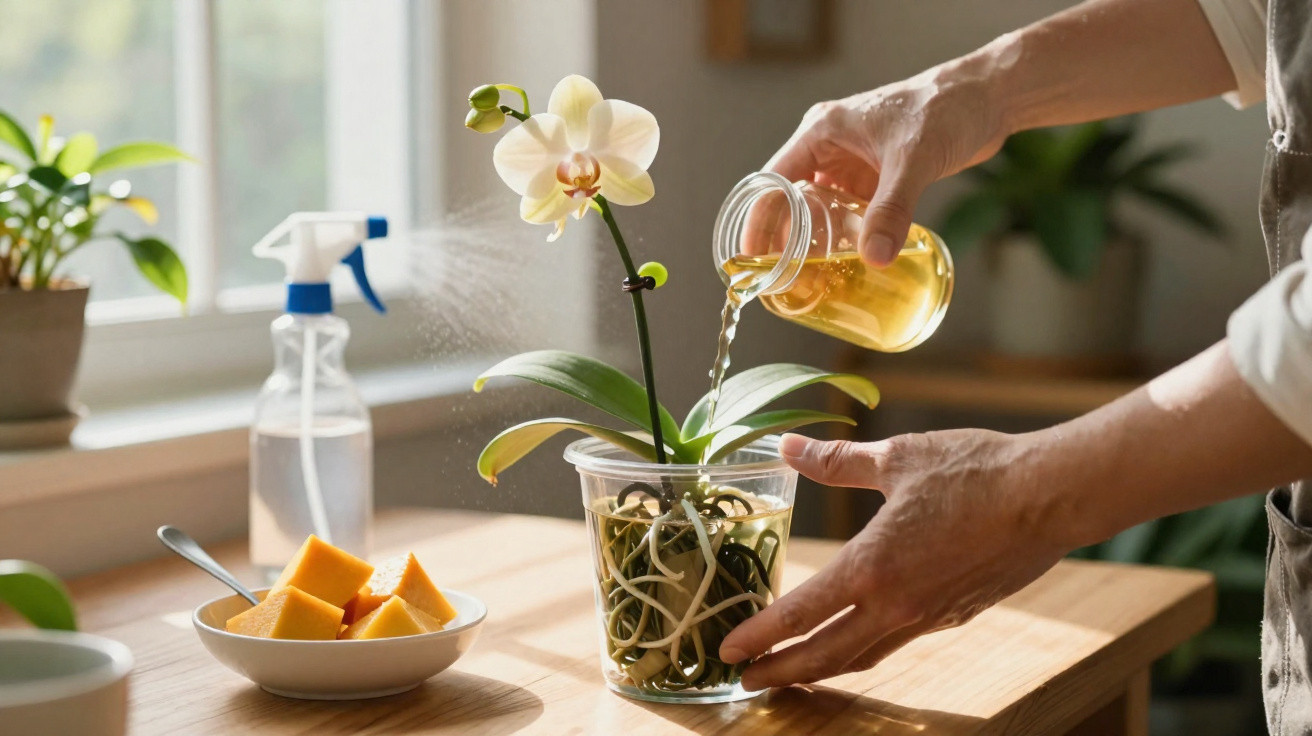 Person watering a white orchid plant in a transparent pot on a wooden table near a window.