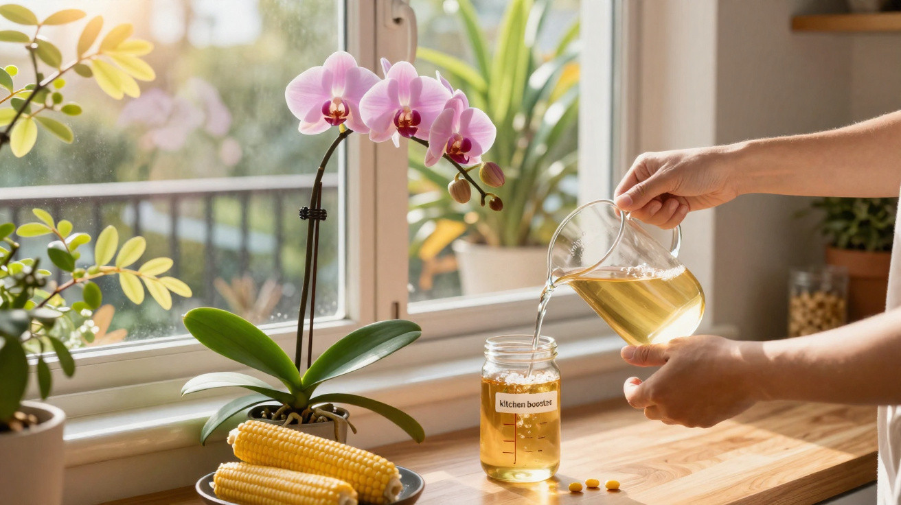 Hands pouring liquid from a jug into a jar labelled kitchen booster on a sunny windowsill with orchids and corn.