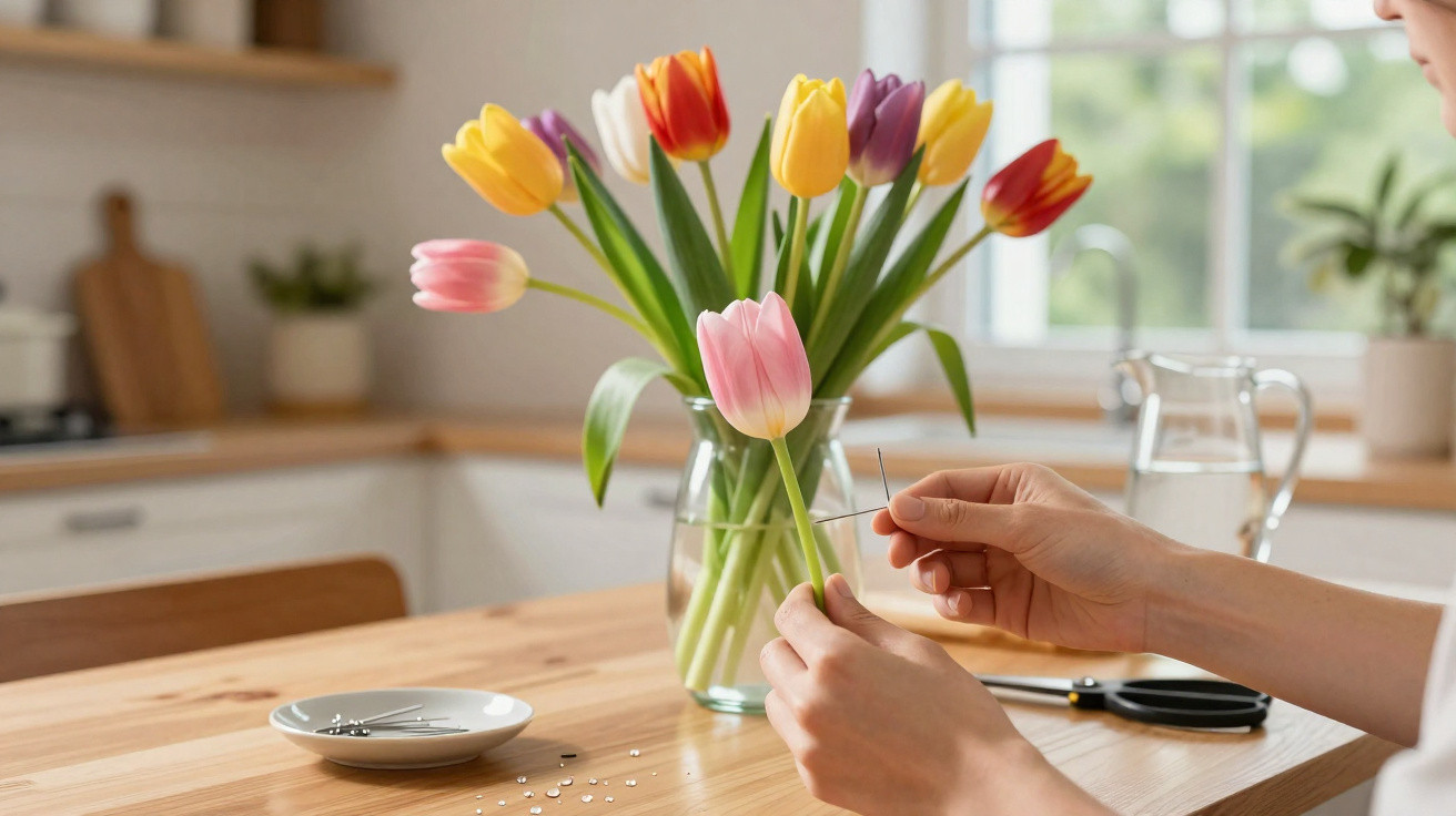 Person arranging a pink tulip with pins near a colourful bouquet in a glass vase on a wooden kitchen table.
