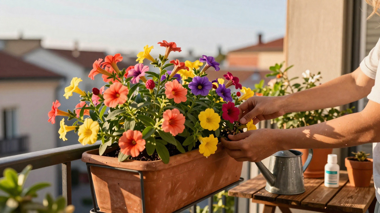Hands tending to colourful petunias in a rectangular planter on a sunny balcony railing.