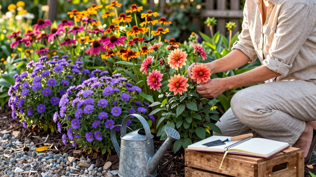 Person tending colourful flowers in a garden with watering can and open notebook on wooden crate nearby.