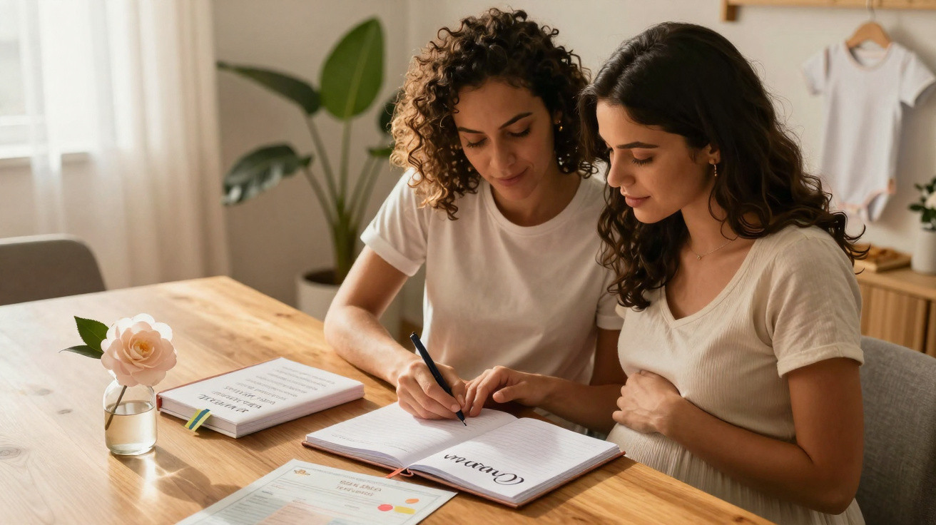 Two women sitting at a table, writing in a notebook with a flower vase and documents nearby.