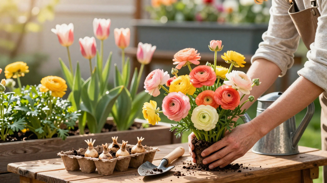 Person planting colourful ranunculus flowers on a wooden table with tulips and gardening tools nearby.