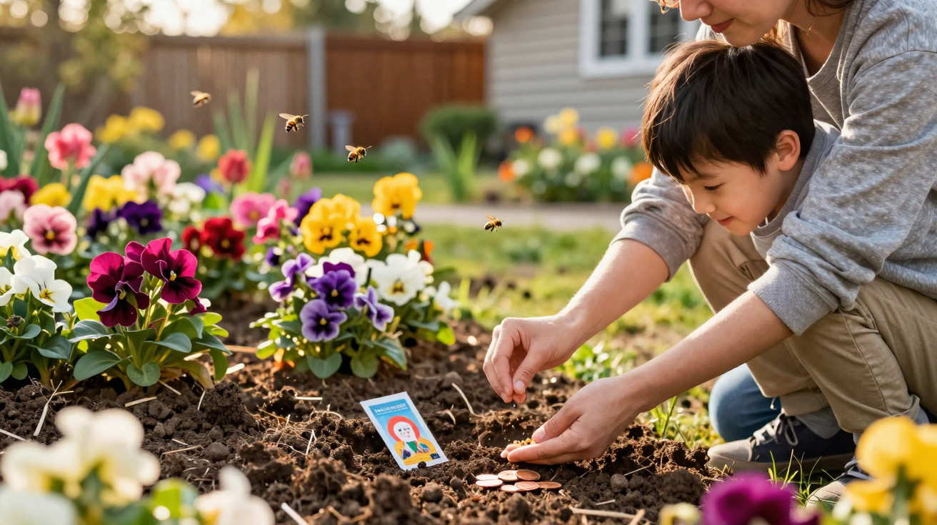Adult and child planting seeds in a garden bed surrounded by colourful flowers and flying bees.