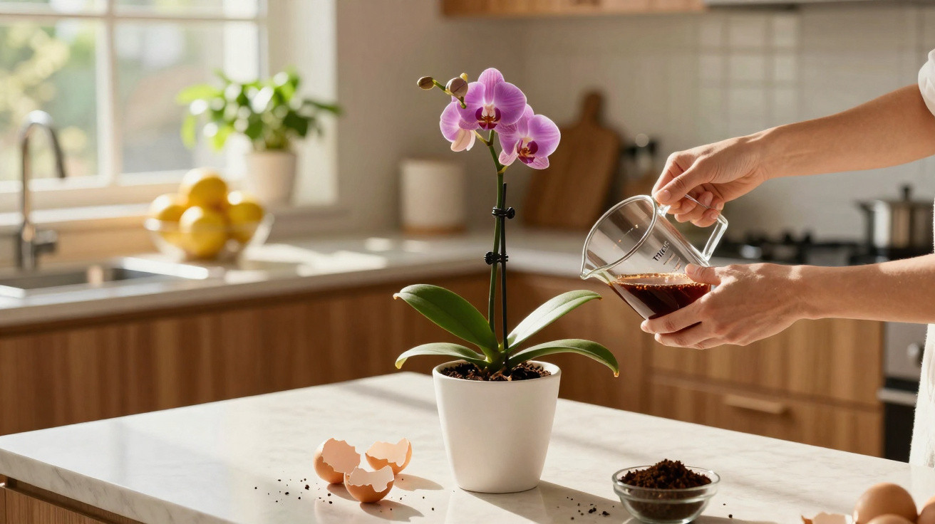 Person watering a pink orchid plant in a white pot on a kitchen countertop with eggshells and soil nearby.