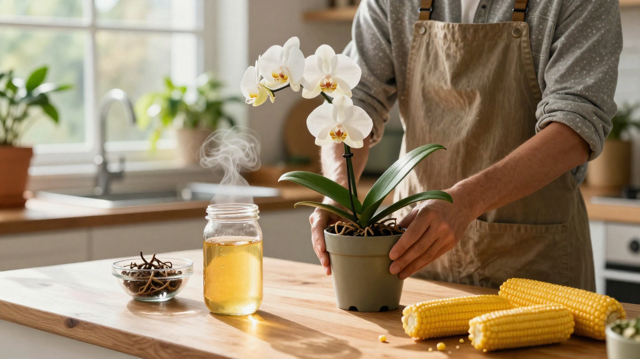 Person in apron holding potted white orchid on kitchen table with steaming jar and corn cobs nearby