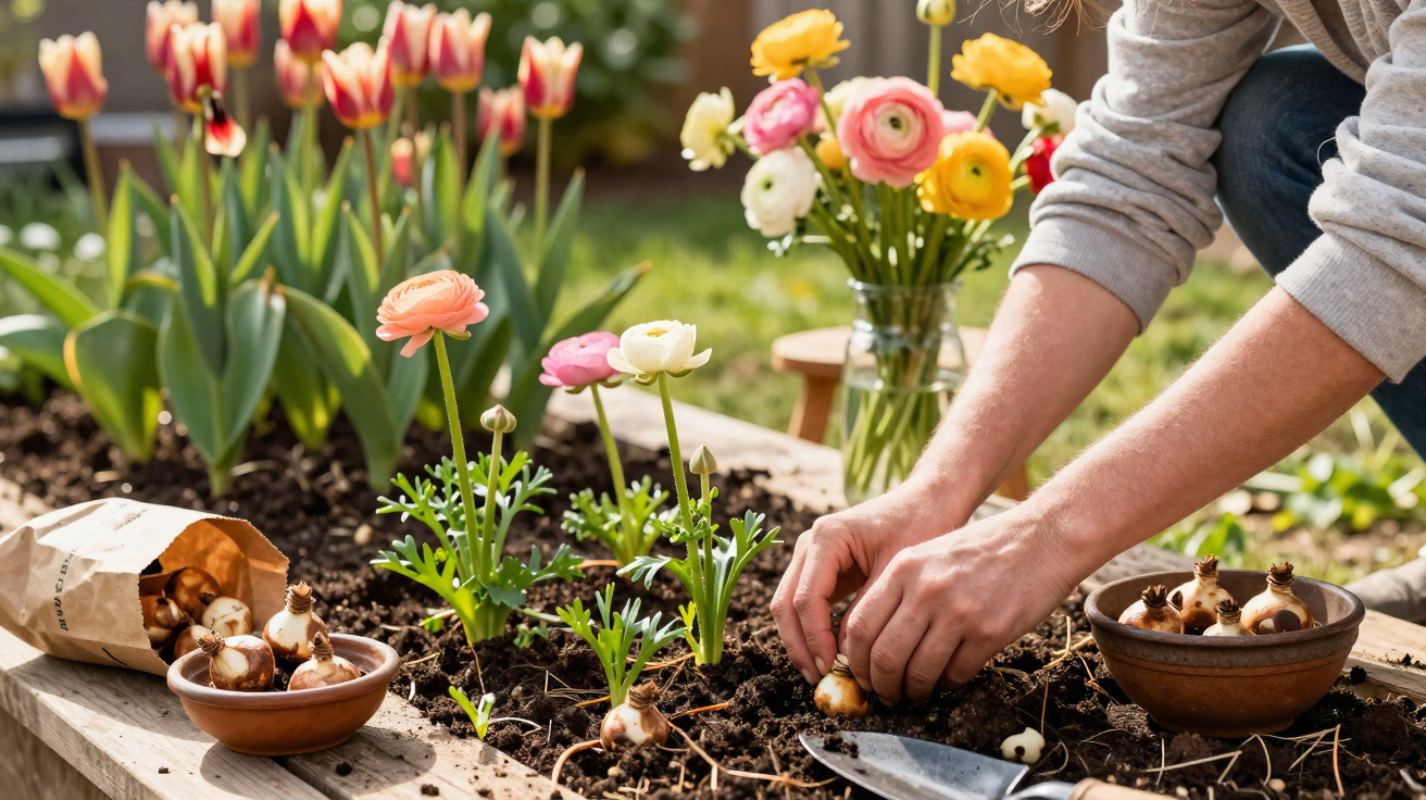 Person planting colorful ranunculus bulbs in garden bed with tulips in background on a sunny day.