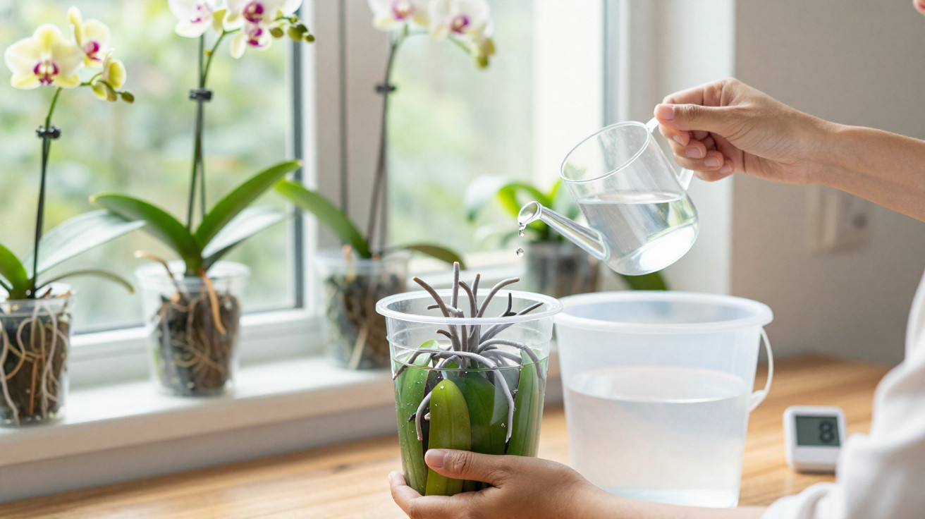 Person watering orchid roots in a transparent plastic pot on a wooden table by a window with orchids.