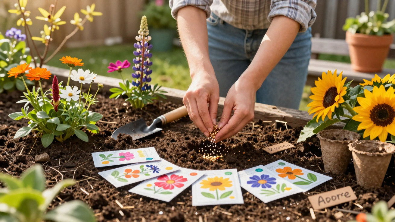 Person sowing flower seeds in a garden bed surrounded by seed packets and blooming flowers.