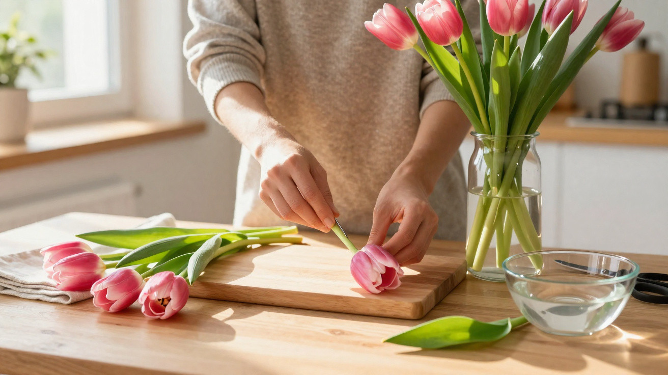 Person arranging pink tulips on a cutting board next to a vase of flowers in a sunlit kitchen.